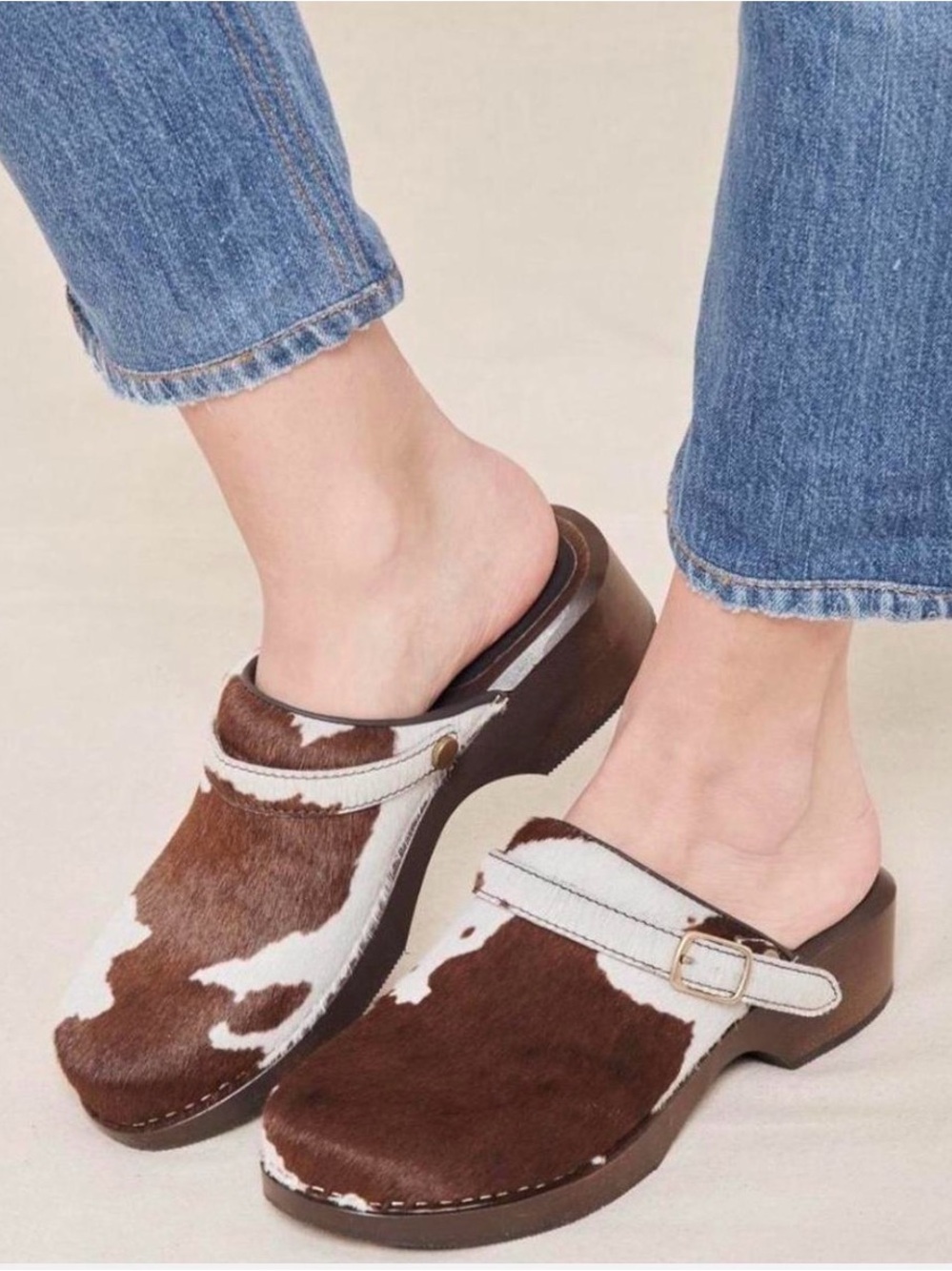 Re/Done Brown and White Cowhide Mule Clogs